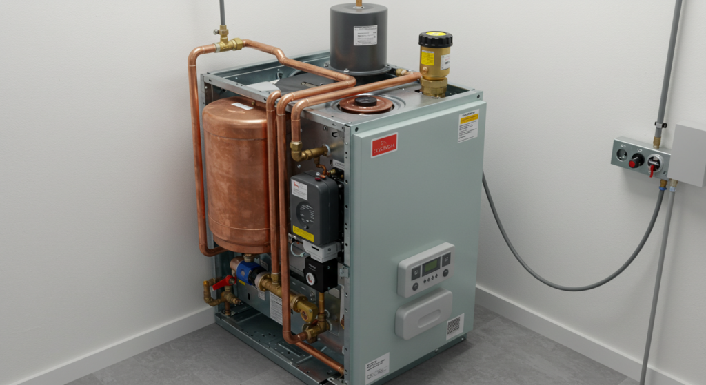 A gas furnace with copper pipes alongside a water heater